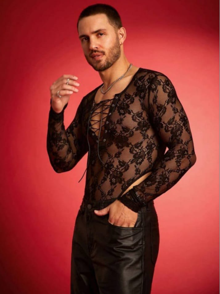 men's lace crossed strap see-though long sleeve bodysuit